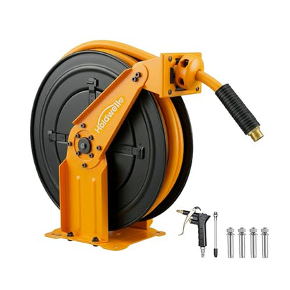 Retractable Air Hose Reel, 3/8" x 65FT Hybrid Air Hose, 300PSI Max, Auto-Rewind & Length-Lock, 1/4" NPT Fitting, Ceiling/Wall Mount Heavy Duty Dual Arm Steel Reel for Workshop/Garage - size: 3/8"x65ft Dual Arm