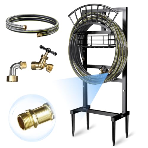 Garden Hose Holder with 45ft Water Hose, Brass Faucet
