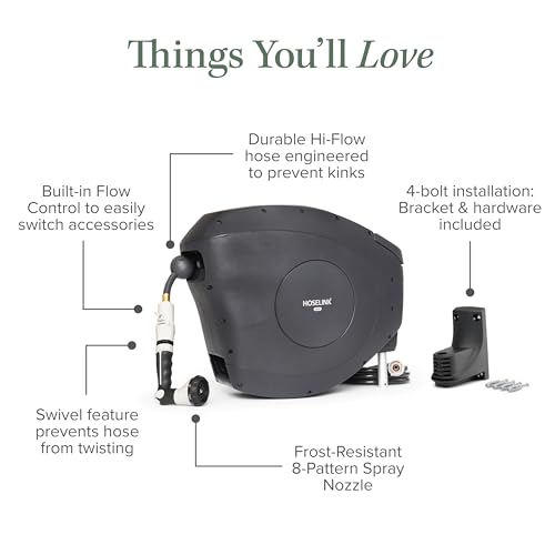 HOSELINK Classic Charcoal 50ft Hi-Flow Automatic Retractable Hi-Flow Garden Hose Reel, 9/16”, UV-Stabilized Kink-Free Hose, Wall Mounted Complete Watering Solution for Backyard, Garden & Outdoor - size: 50ft 9/16" Hi-Flow
