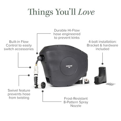 HOSELINK Classic Charcoal 50ft Hi-Flow Automatic Retractable Hi-Flow Garden Hose Reel, 9/16”, UV-Stabilized Kink-Free Hose, Wall Mounted Complete Watering Solution for Backyard, Garden & Outdoor - size: 50ft 9/16" Hi-Flow