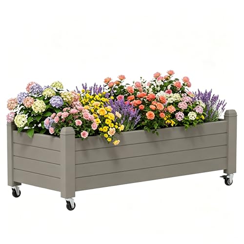Raised Garden Bed with Wheels, Rolling Resin Planter Box, Gray - color: Gray, size: 13.3" H