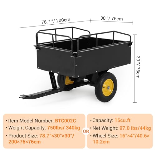 Heavy Duty ATV Trailer Tow Behind Steel Dump Cart 750LBS Capacity, 15 Cu. Ft Garden Utility Trailer with Removable Sides & Rear Hitch, Reinforced Steel Frame, for Riding Lawn Mower Tractor - color: Black + Yellow