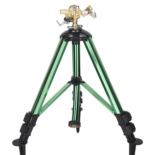 Impact Sprinkler on Tripod Base, 360° Adjustable Brass Sprinkler Head with Stakes, Heavy Duty Metal Tripod Lawn Sprinkler for Large Area Lawn, Yard & Garden Irrigation, 1 Pack