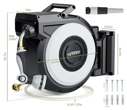 Tuyeho Heavy-Duty 5/8" Hose Auto Retractable Garden Hose Reel Wall Mount - size: 5/8" 90FT