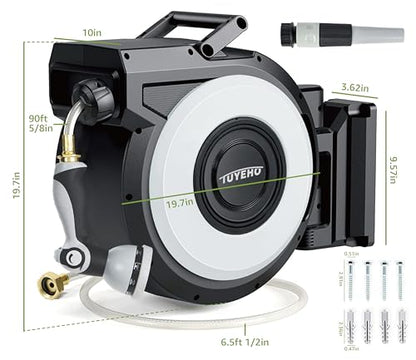 Tuyeho Heavy-Duty 5/8" Hose Auto Retractable Garden Hose Reel Wall Mount - size: 5/8" 90FT