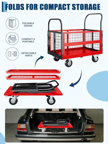 GarveeTech Platform Truck with Cage, 6-in-1 Multi-Purpose Flatbed Cart - color: Black+red