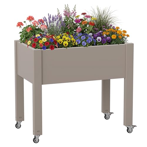 Raised Garden Bed with Wheels, Resin Elevated Planter Box, Brown - color: Medium Grey, size: 26.3" H