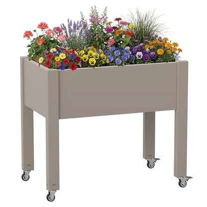 Raised Garden Bed with Wheels, Resin Elevated Planter Box, Brown - color: Medium Grey, size: 26.3" H