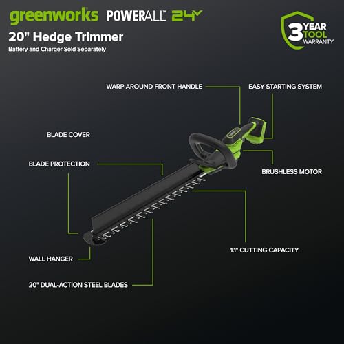 Greenworks 24V 20 in Cordless Hedge Trimmer, Tool Only - size: 20 in, style: Tool Only