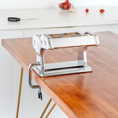 Restaurantware Pasta Maker Stainless Steel 8.3 x 7.8 x 6.2 Inch Adjustable Thickness Noodle Machine With Spaghetti Cutter And Interchangeable Blades, Silver Kitchen Pasta Tool - style: Manual