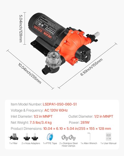 VEVOR Water Pressure Pump, 110V AC 5 GPM, 5-Chamber On Demand Electric Diaphragm Water Transfer Pump, 60 PSI Max Pressure, Automatic Pressure Switch, for Home Kitchen Garden Irrigation Car Washing - size: 10.04 × 6.10 × 5.04 in