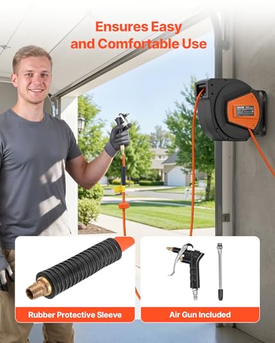 VEVOR Retractable Air Hose Reel, 1/4 Inch x 50 FT Hybrid Air Hose Max 300PSI, Enclosed Air-Compressor Hoses Reel Auto Rewind with 6.6 ft Lead in & Blow Gun, 180° Swivel Ceiling/Wall Mount