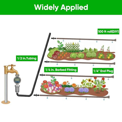 100FT 1/4" Irrigation Dripline Tubing with 6" Emitter Spacing for Gardens
