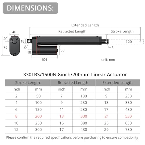 Justech 330LBS/1500N-8inch/200mm 12V Linear Actuator with Bracket, Black - size: 1500N-200mm