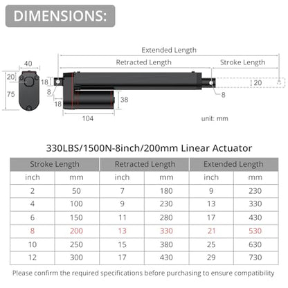 Justech 330LBS/1500N-8inch/200mm 12V Linear Actuator with Bracket, Black - size: 1500N-200mm