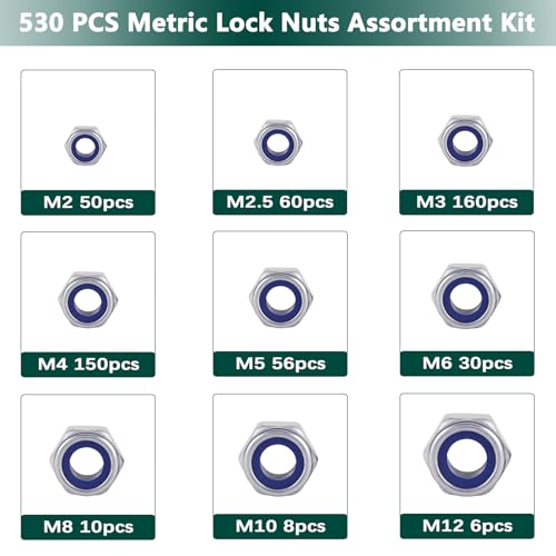 Metric Lock Nut Assortment Kit, 530PCS Nylon Insert Lock Nuts Set - color: Metric 530PCS