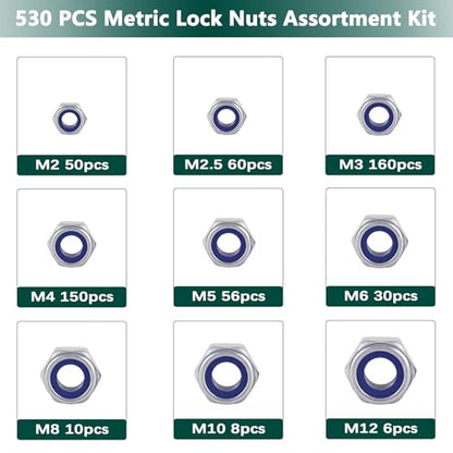 Metric Lock Nut Assortment Kit, 530PCS Nylon Insert Lock Nuts Set - color: Metric 530PCS