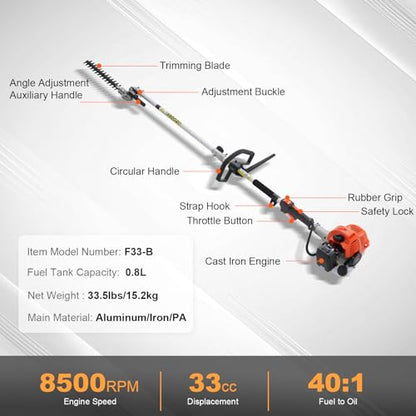 VEVOR 33CC 5-in-1 Multi-Functional Trimming Tools, Gas Hedge Trimmer, Weed Eater, String Trimmer, Brush Cutter, Edger, Pole Saw Chainsaw Pruner with Extension Pole - size: 33cc
