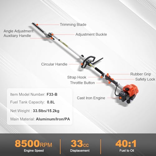 VEVOR 33CC 5-in-1 Multi-Functional Trimming Tools, Gas Hedge Trimmer, Weed Eater, String Trimmer, Brush Cutter, Edger, Pole Saw Chainsaw Pruner with Extension Pole - size: 33cc