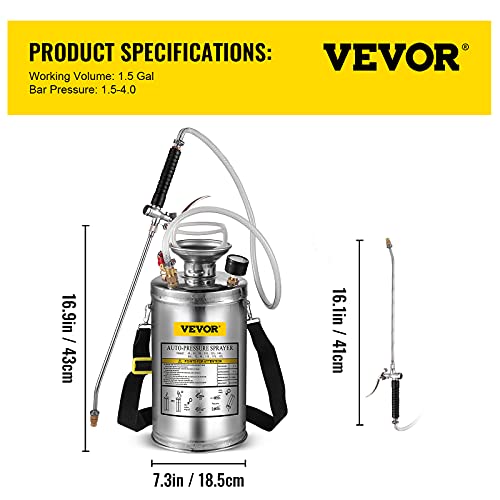 Happybuy 1.5 Gallon Stainless Steel Sprayer, 16" Wand&3.3FT Reinforced Hose, Hand Pump Sprayer with Pressure Gauge, Safety Valve&Adjustable Nozzle, Weed Sprayers for Lawn, Gardening & Sanitizing - size: 1.5 Gallon