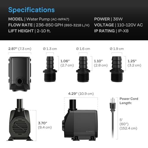 AC Infinity 850 GPH Submersible Water Pump (3218 L/H 36W). - size: 850 GPH