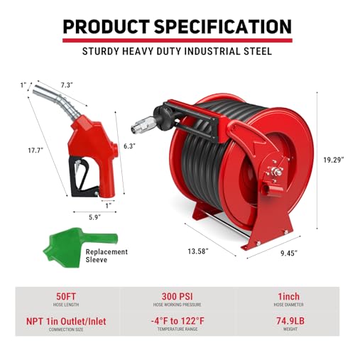 Fuel Hose Reel, Retractable 1" x 50' Extra Long Diesel Hose, 300 PSI Industrial Carbon Steel Diesel Hose Reel Auto Swivel Rewind with Fueling Nozzle for Vehicle Tank Truck Trailer Ship - color: Red, size: 1 inch 50FT