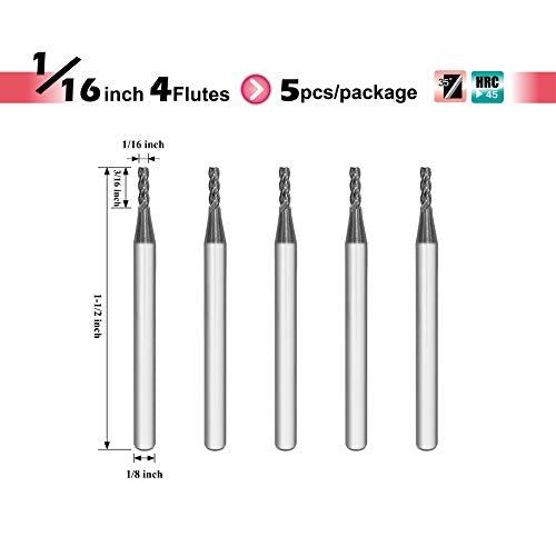 SPEED TIGER Micrograin Carbide Square End Mill - 4 Flute - ISE1/16 4T (5 Pieces, 1/16") - for Milling Alloy Steels, Hardened Steel, Metal & More – Mill Bits Sets for DIYers & Professionals - size: 1/16 in