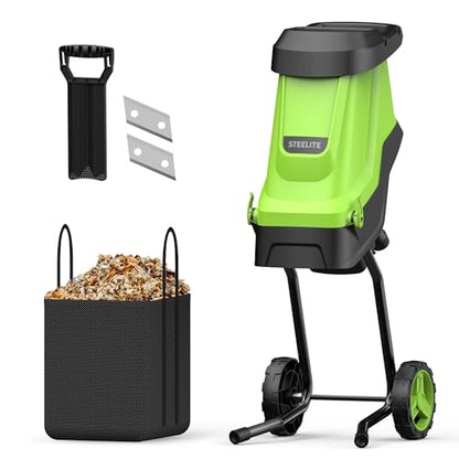 Steelite 15-Amp Electric Wood Chipper, 45L Collection Bag Chipper Shredder, 1.8" Cutting Diameter Mulcher with Max 15:1 Reduction, Dual Steel Blades for Easy Clean up Yard Waste and Branches - color: Light lime green