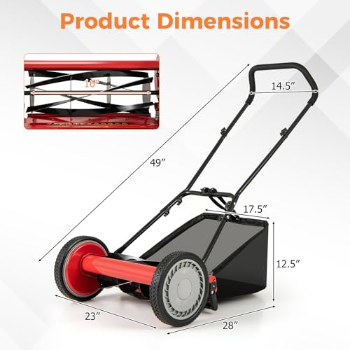 16" Manual Rear Mower, Push Lawn Mower with 5 Steel Blades, Adjustable Cutting Heights & Grass Catcher Bag, Walk-Behind Grass Cutter Lawn Sweeper for Garden, Park & Yard (Red) - color: Red, size: 16"