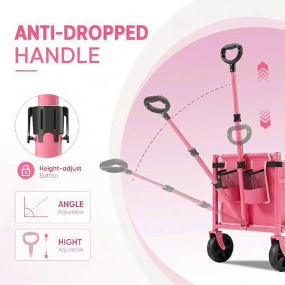 Sekey Collapsible Wagon Cart with Drop-Down Tailgate, 300 lb Capacity - color: Pink