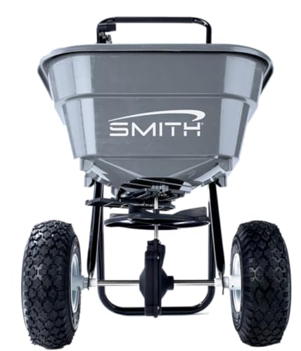 Smith 65 lb Broadcast Spreader, Push Fertilizer Spreader for Lawn Seed, Grass Seed, Salt & Ice Melt, Pneumatic Tires, Adjustable Flow Control, Model# SB65 | 65 lb Capacity Broadcast Spreader for fertilizer, grass seed, weed control products, salt and ice