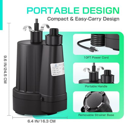 D-HONOR Sump Pump Submersible Utility Water Pump 1/3HP 2400GPH - size: 1/3HP 2400GPH