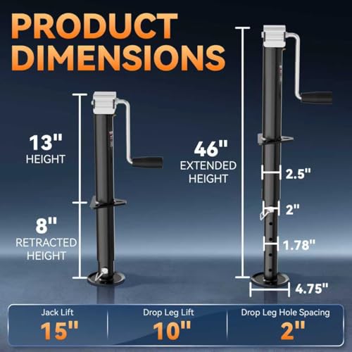 5000 lbs 15" Lift Side Wind A Frame Trailer Jack, RV Tongue Jack | with Adjustable Drop Leg