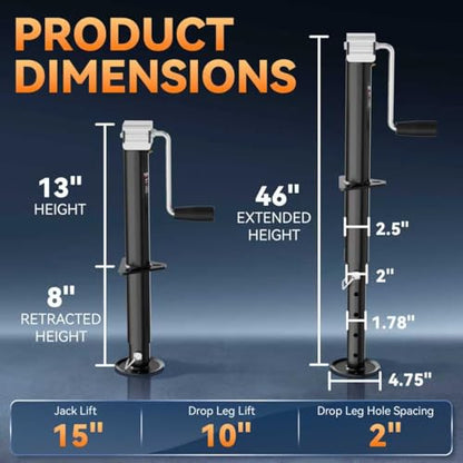 5000 lbs 15" Lift Side Wind A Frame Trailer Jack, RV Tongue Jack | with Adjustable Drop Leg