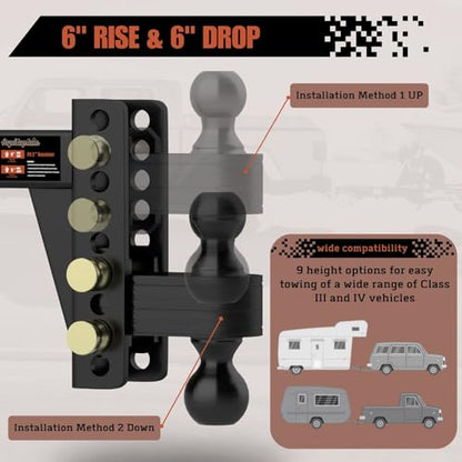 2" Adjustable Trailer Hitch with Tightener, 6-Inch Rise/Drop - size: 6 inch