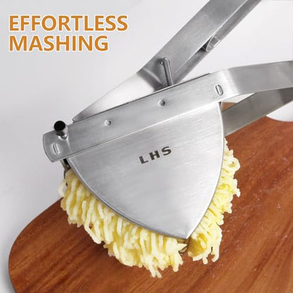 LHS Stainless Steel Potato Ricer and Masher, Heavy Duty Commercial Food Masher, Ergonomic Comfort Grip, Extra Large Capacity, Dishwasher Safe (Black) - color: Black