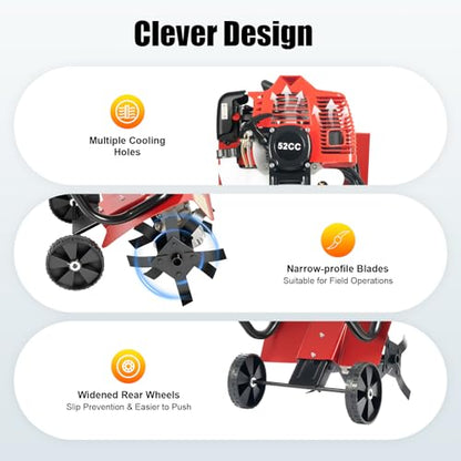 52CC 1900W Gas Powered Tiller, 2-Stroke Mini Hand Tiller with 14.17in Width, 6500-7000RPM Garden Cultivator for Soil Cultivation, Weed Removal, Small Farm, Backyard, Rotary Tiller