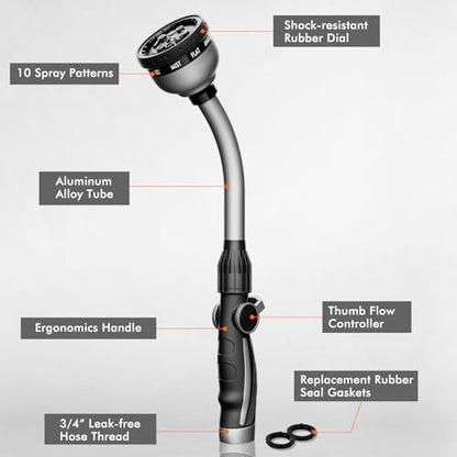 RESTMO Watering Wand Heavy Duty, 15-Inch Long Hose Nozzle Sprayer - color: Silver