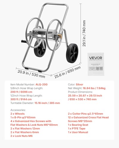VEVOR Hose Reel Cart, 200/300 ft High-Pressure Garden Hose Cart, Hoses Reel Carts with Two Wheels, Handle & Heavy-Duty Mesh Storage Basket, Portable Hoses Reels for Garden Watering, Car Washing