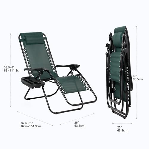 Nazhura Set of 2 Relaxing Recliners Patio Chairs Adjustable Steel Mesh Zero Gravity Lounge Chair Beach Chairs with Pillow and Cup Holder (Dark Green) - color: Dark Green