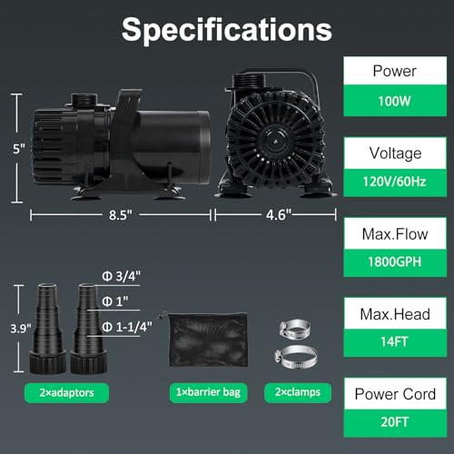1800 GPH Pond Pump, 100W for Fish Ponds, Fountains & Waterfalls - size: 100W