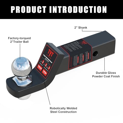 TYT Trailer Hitch Ball Mount with 2 Inch Ball & Pin, Fits 2 Inch Receiver, 7500lbs, 2 Inch Drop, Upgraded Hitch Kit Black with Anti-Rattle Pin - size: 2" with Pin