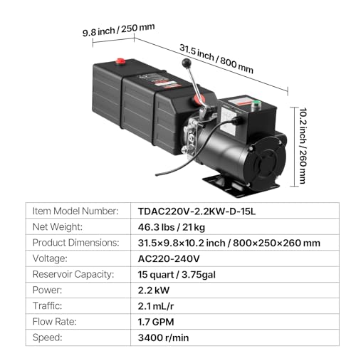 Vevor Hydraulic Pump 15 Quart Hydraulic Motor Hydraulic Lift Single Phase Car Lift 3450 RPM Dump Trailer 208-230 Volt Portable Car Lift 2 Horsepower Auto Lift Vehicle Lift Portable Power Press - size: 16 Quart, style: Single Acting