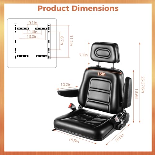 yeesport Universal Forklift Seat, Tractor Mower Seat with Headrest & Belt