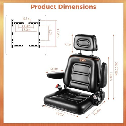yeesport Universal Forklift Seat, Tractor Mower Seat with Headrest & Belt