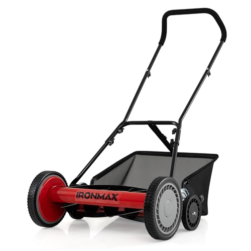 Goplus 18 Inch Push Reel Lawn Mower, 5-Blade Manganese Steel Manual Grass Cutter, 4-Position Adjustable Height, Removable Grass Catcher, Quiet No-Motor Walk-Behind Mower for Yard, Lightweight - color: Red, size: 18 Inch