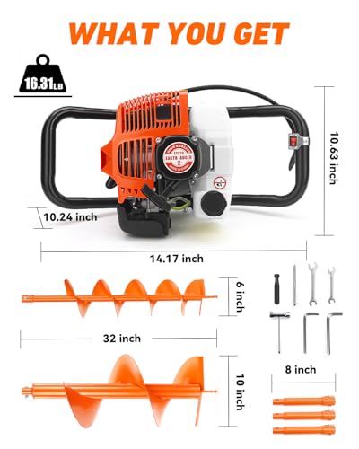NEO-TEC 63CC Post Hole Digger Gas Powered, 2-Stroke Earth Auger with 6" & 10" Auger Bits + 3 Extension Bars, Heavy Duty Ice Auger & Fence Post Hole Digger for Soil, Clay & Frozen Ground - size: 63CC+6"+10"+3 Extension