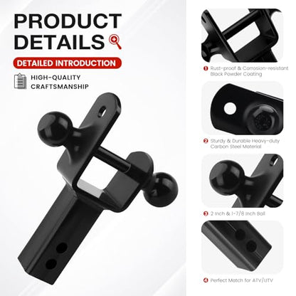 ATV/UTV Dual Ball Trailer Hitch Receiver Hitch Towing Ball Mounts 5000 LBS GTW-Multi Hitch,2 Inch & 1-7/8 Inch Ball,Fits 2-inch Receiver,1-inch Rise,3-in-1 ATV/UTV Multi-Hitch with Pin by Beaquicy