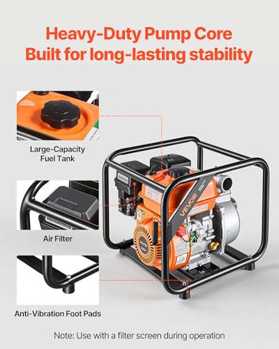 VEVOR Gas Powered Water Pump, 2 in, 132 GPM 7HP Semi Trash Water Transfer Pump Portable, Gasoline Engine with 25 ft Discharge Hose, Heavy Duty Frame, Cast Iron Impeller, for Irrigation, Ponds, Pools - size: 2in 7.0 HP 132 GPM