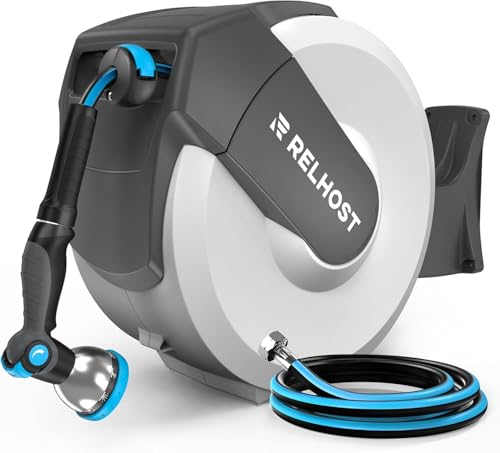 Relhost Retractable Garden Hose Reel 100 ft x 5/8 in, Heavy Duty Hose Reel Wall Mount with Any Length Lock, Auto Rewind System, 180° Swivel Bracket, 10-Pattern Garden Hose Nozzle, White & Grey - color: White & Grey, size: 100FT